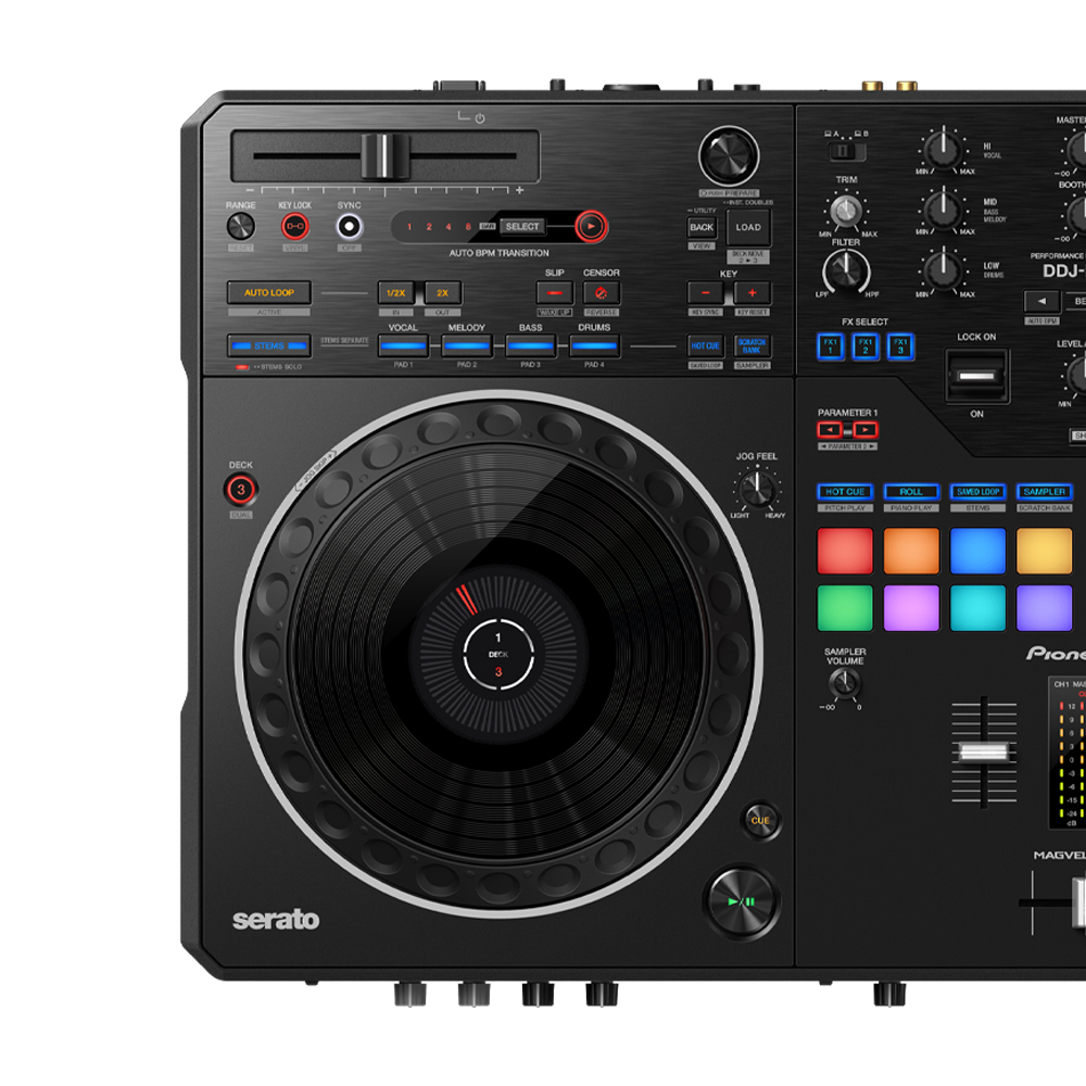 Close-up of Pioneer DDJ-Rev5 jog wheels and performance pads.