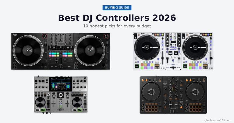Best DJ controllers 2026 lineup including Hercules DJControl T10, Rane One MKII, Denon Prime GO+, and Pioneer DDJ-FLX4