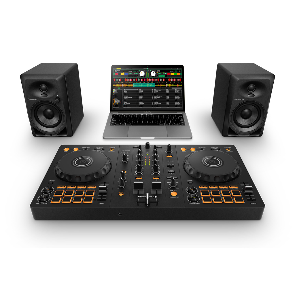 Pioneer DJ DDJ-FLX4, one of the best DJ controllers for beginners, set up with a laptop